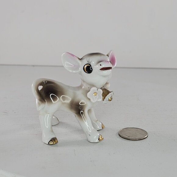 Vintage Ceramic Calf Baby Cow Figurine Flower Bell Collar Anthropomorphic *FLAW - Picture 6 of 8